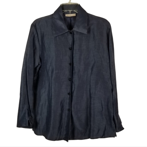 Deborah Parker Women Linen Silk Button Blouse Top Size Large Blue Office Siren - Picture 1 of 9
